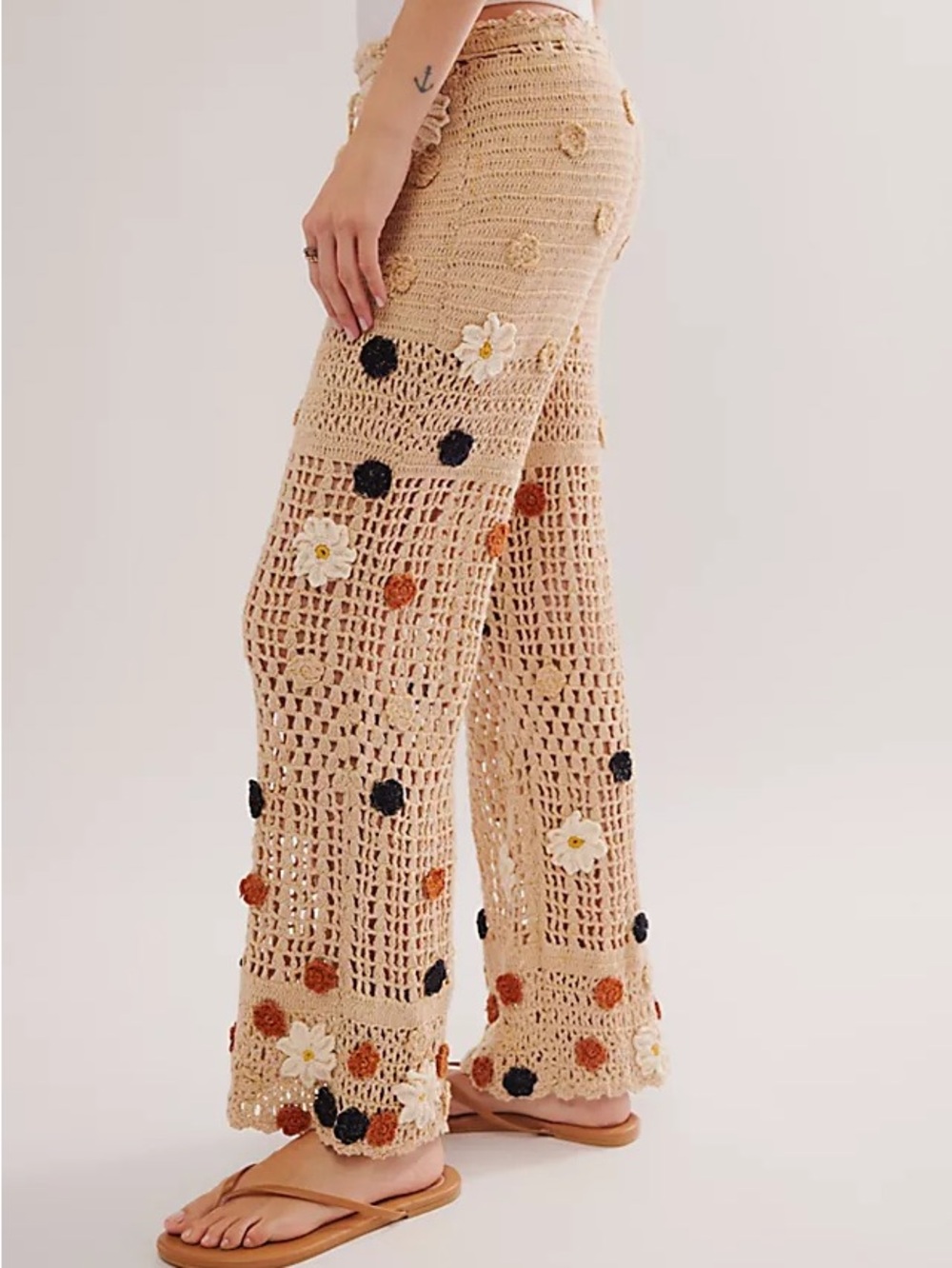 Free People Cactus Flower Pants crochet design floral appliqués flare silhouette